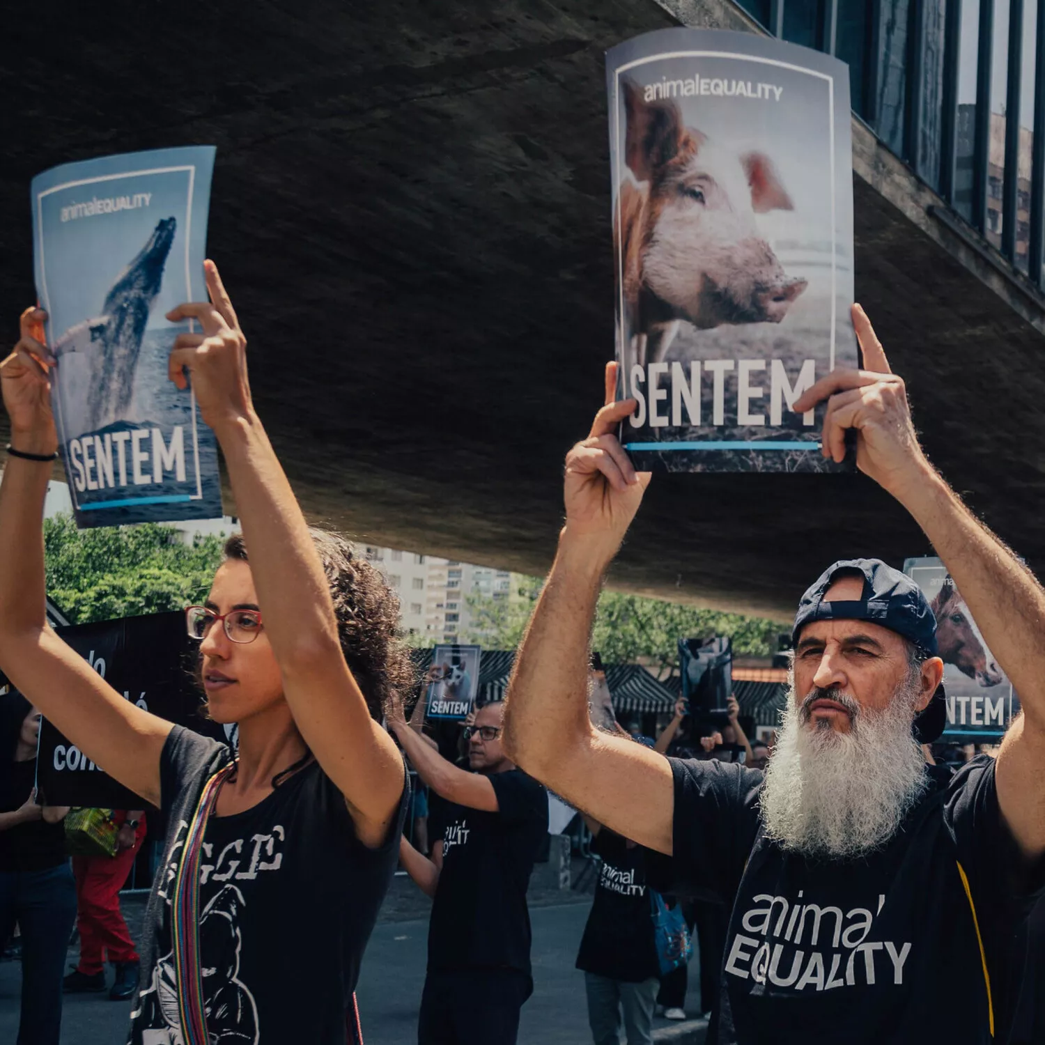 Freiwillige mit Plakaten während der Demonstration zum Internationalen Tag der Tierrechte in Brasilien